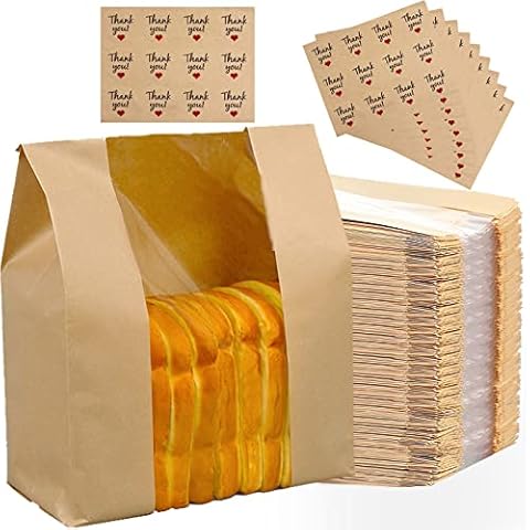 Cezoyx 120 Counts Paper Bread Loaf Bags, 12 x 8.3 x 4 Inch Bakery Bags with Front Window Brown Paper Cookie Bags Treat Bags for Homemade Bread, Cookies, Donuts Cover