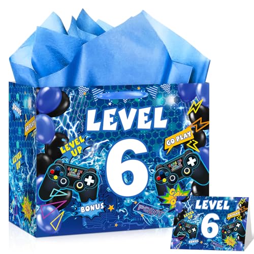 Video Game 6th Birthday Gift Bags Blue Gamer 6th Birthday Gift Wrapping Bag Swith Handle Gaming Level Up 6 Goody Bag with Tissue Paper and Greeting Card for Boys Girls 6 Years Old Party Decor ﻿