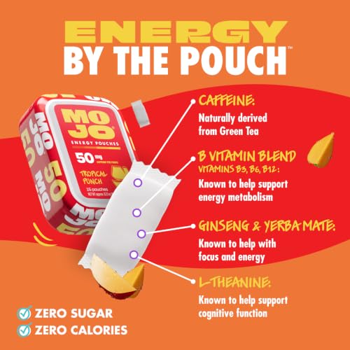 Image of MOJO Caffeine Pouches with Naturally Derived Caffeine from Green Tea, Ginseng, Yerba Mate, L-Theanine & B-Vitamins | Nicotine-Free | Zero Sugar | 50mg Caffeine | Tropical Punch