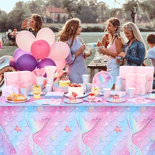 Image of Funnymoom 452 Pcs Mermaid Party Decorations Include Sea Mermaid Paper Plates Napkins Cups Tablecloth Cutlery Straws Ocean Tableware for Baby Shower Birthday Party Supplies