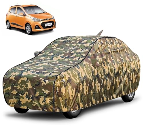 Image of FABTEC Waterproof Car Body Cover for Hyundai Grand I10 with Mirror and Antenna Pocket, Triple Stitched (Military, Jungle Print, Camouflage Design)