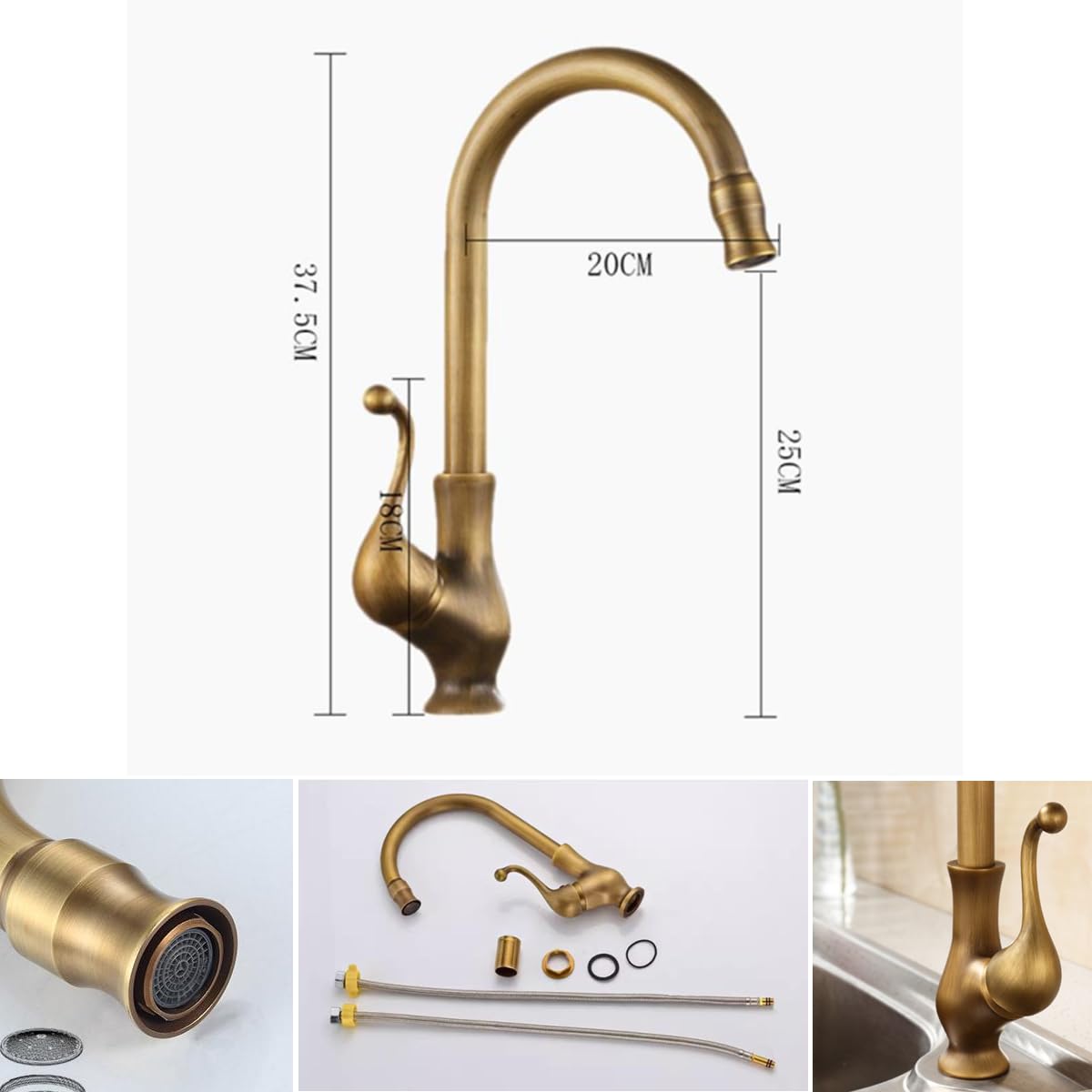 Grifo de cocina (bronce antiguo, monomando de fregadero de cocina, latón retro, grifo mezclador de agua caliente y fría giratorio de 360 °, grifo de lavabo, cuarto de baño, cobre