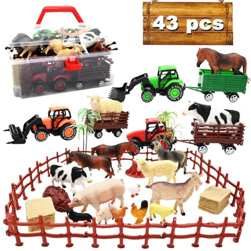 Kimicare 3 Pack Farm Toy Tractor with 40pcs Plastic Farm Animals Figurines and Fence Farm Playset,...