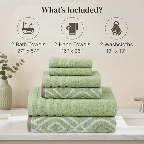 Image of Modern Threads 6 Piece Bath Towel Set - Bathroom Set with 2 Bath Towels, 2 Hand Towels, and 2 Wash Cloths - 100% Cotton, Super Absorbent & Extra Soft - Reversible Classic Diamond (Sage Green)