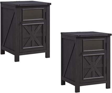 JXQTLINGMU 2Pack Farmhouse End Table with Charging Station, 18 Rustic Nightstand with Barn Door & Adjustable Shelf, Wooden Sofa Side Table with 3-Tier Storage for Living Room, Bedroom, Black