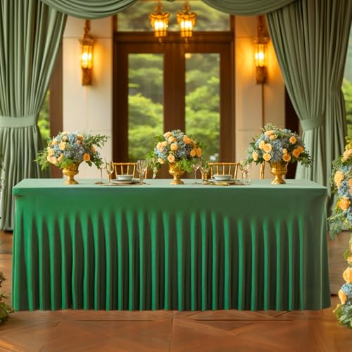 Image of Besutolife Emerald Green Spandex Tablecloth 4ft Rectangle Table Skirt Stretch Table Cloth for Banquets Parties Wedding Dining Table