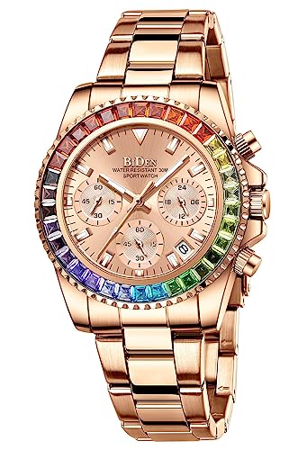Women Colorful Diamond Watches Chronograph Rotatable Bezel Mineral Glass Luminous Watch Stainless Steel Waterproof Date Analog Quartz Watch Fashion Business Dress Wristwatch (Rose Gold)
