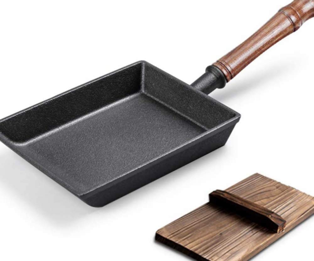 Tamagoyaki patelnia do omletów mini patelnia żeliwna prostokątna japońska patelnia z drewnianym uchwytem, niepowlekana, szybkie śniadanie tamagoyaki, czarna
