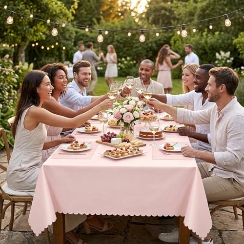 Image of Oigco 3 Pack Pink Plastic Tablecloth - 54 inch x 108 inch Light Pink Rectangle Disposable Scalloped Table Cloth, Pastel Plastic Cover for Birthday, Baby Shower, Wedding, Pink Party Decorations