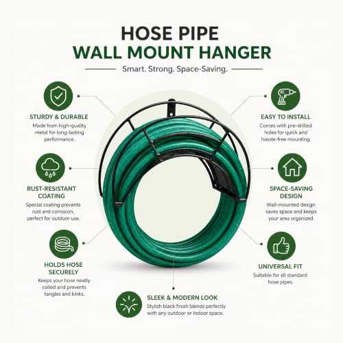 Image of Urban Plant Wall Mount Garden Hose Hanger | Heavy-Duty Watering Hose Reel Holder for Garden, Outdoor, and Garage | Durable Metal Storage Hook for Hose Organization (Black)