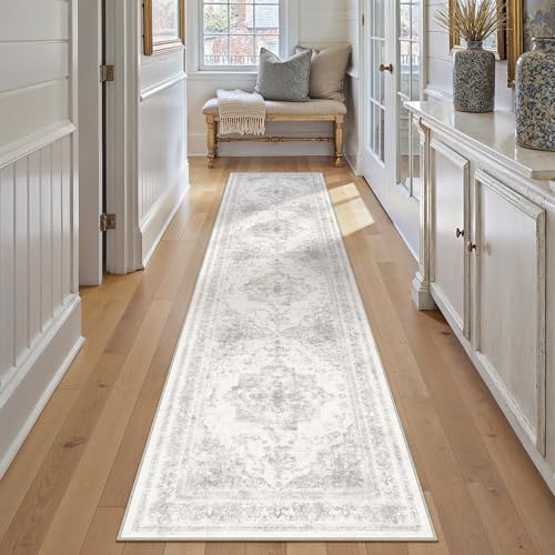 Runner Rug 3x12 Washable Light Gray Hallway Runner Vintage Boho Medallion Non Slip Grey Distressed Retro Carpet Indoor Low Pile Long Soft Rug for Kitchen Entryway Bedroom Bathroom Laundry