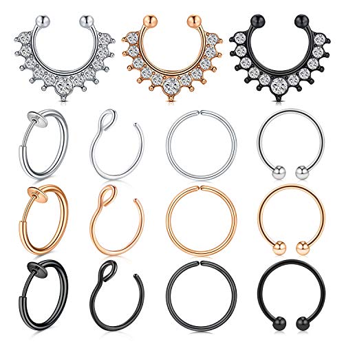 LAURITAMI 15pcs Piercing Septum Nariz Falso Aros Anillos Set Non-Pierced Faux Clip on Pendientes Nariz Acero Inoxidable Piercing Joyas Cover