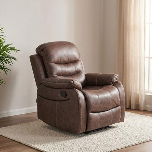 Danube Home Adric 1 Seater Airleather Manual Recliner | Modern Design One Seat Relaxing Chair | Comfortable Living Room Furniture L85.09xW98xH104cm - Brown