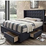 DG Casa Savoy Tufted Upholstered Wingback Panel Storage Bed Frame, Queen Size in Charcoal Fabric