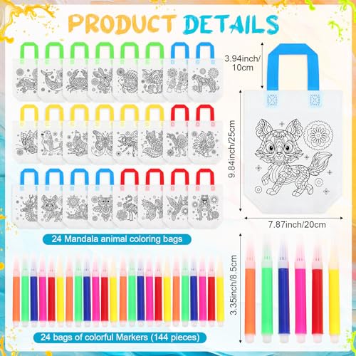 Pasimy 24 Pieces Mandala Animals Coloring Goodies Bags with 144 Makers Recycle Coloring Gifts Bags Color Your Own Totes for Kids DIY Painting Art Crafts Birthday Party Favors