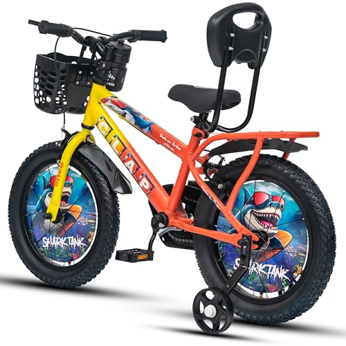 Image of Shark Tank 16T Kids Bicycle for Boys & Girls with Inbuilt Carrier, Front Basket, PU Soft Seat, Full Chain Cover & Stylish Wheelcards (Yellow /Orange)