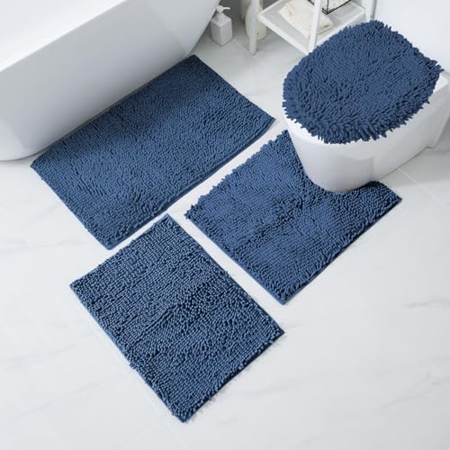 RUN HELIX Super Soft 4 Piece Bathroom Rug Set - Non-Slip, Water Absorbent Bath Mats - High Plush, Easy to Clean - Blue
