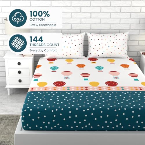 Image of LORETO - A QUALITY LINEN BRAND 144 TC 100% Pure Cotton King Size Fitted Bedsheet with 2 Pillow Covers for 72 x 72 Inch Mattress, All-Around Elastic, 8 Inch Deep Pocket, Blue & Red Balloon