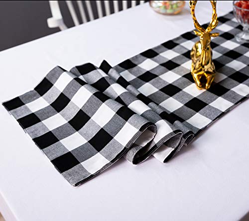 Wracra Buffalo Plaid Table Runner Checkered Round Table Runner for Wedding Kitchen Dinning Room Party Home Picnic (White and Black, Table Runner 13\"×108\")