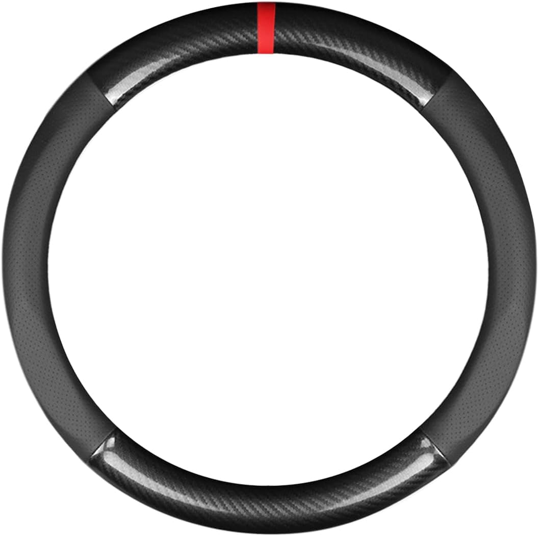 Ergocar Sport Carbon Fiber & PU Leather Car Steering Wheel Cover Non-Slip Car Steering Wheel Protector Universal for Diameter 38cm(15") (Black-Stripe)