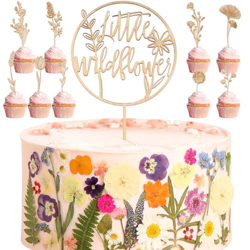 Threehoney 60 Pcs Wildflower Cake Topper Boho Wildflower Cupcake Dried Pressed Flowers Bulk Floral Cake Topper for Wedding Birthday Party Gender Reveal Dry Baby Shower Supplies