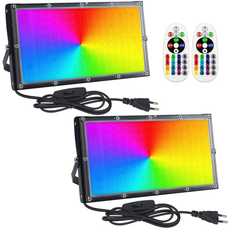 Eleganted Proyector RGB Exterior100W, 2pcs Foco LED RGB Con Control Remoto IP65 Impermeable RGB Floodlight,16 Colores 4 Modos Para Jardín, Terraza,Halloween