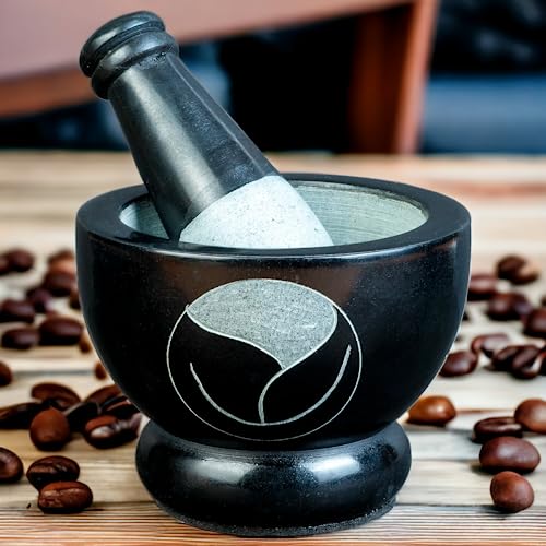 Crocon 4 Inch Black Marble Mortar And Pestle Set, With Leaf Symbol Stone Grinder Bowl For Guacamole, Salsa, Herb Crusher, Grind And Crush Spices & Nuts, Heavy Duty & Polished Mortar & Pestle Best Gift #TOP7