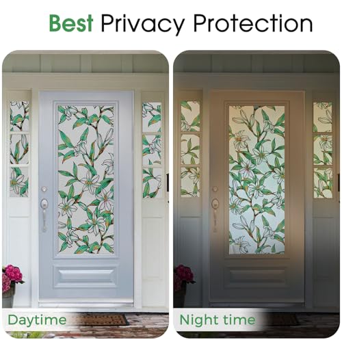 Image of Coavas Static Cling Privacy Window Film, 96% UV & Heat Blocking, Stained Glass Window Film Floral Design, Non-Adhesive, for Bathroom, Front Door, Shower Enclosure (Frosted, 17.5 inch X 78.7 inch)