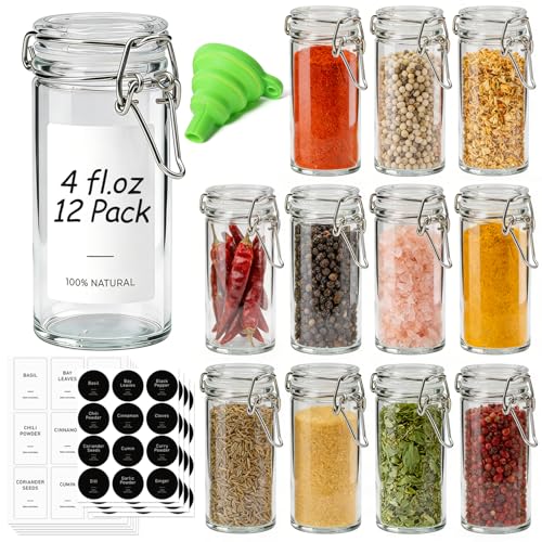 Image of ComSaf Small Glass Spice Jars with Airtight Lids 4oz 12 Pack with Labels | BPA-free food-grade glass, airtight lid, full spice collection, herb & seasoning, 16 labels, decorative