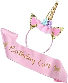 Unicorn Birthday Set of Gold Glitter Unicorn Headband Pink Satin Sash fo...