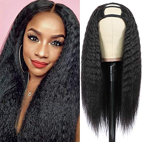 Kinky Straight Human Hair Wigs for Black Women U Part Wig 16 Inches Yaki 2"x4"U Shape Middle Part Clip in Hair Extensions Glueless 150% Density Kinky Straight Hair Wigs . (16", Kinky Straight)..