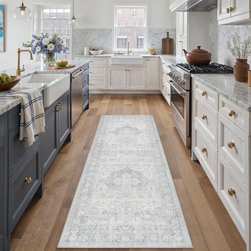 Blue 2x6 Washable Runner Rug Non-Slip Floral Vintage Distress Print Pattern Medallion Hallway Lightweight Thin Low Pile Soft Indoor Rug for Kitchen La