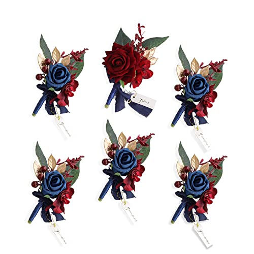Lookein Set of 6 Boutonnieres for Men's Groom/Groomsmen, Artificial Flowers in Burgundy & Navy Blue for Formal Ceremonies and Dinners