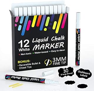 White Chalk Pens, 12 Pack Liquid Chalk Pen for Children on Blackboards Wipeable,Water-based, Reversible 3mm Fine Tip with 30 Chalkboard Labels, Perfect on Window, Glass, Wood, Office Home Supplies