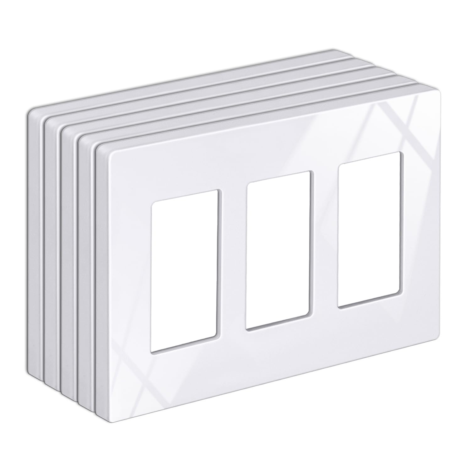 BESTTEN 5 Pack Screwless Decorative Wall Plate, 3-Gang Decorator Outlet Cover, Decor Switch Cover, USWP6 Gloss Snow White, H4.69” x W6.54”, Wallplate for Dimmer, GFCI, USB Receptacle