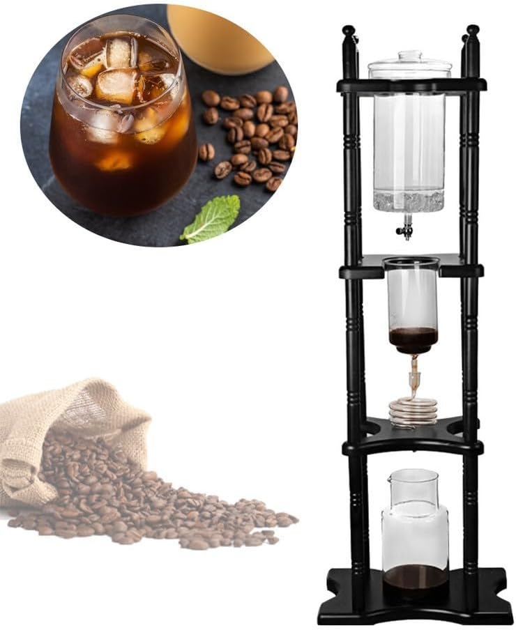Cold Brew Coffee Maker, Ice Drip Coffee Tower 2500ml Glass Dutch Coffee Dripper, Manual Slow Drip Iced Coffee Pot with Solid Wood Frame & Reusable Filter, for Cafe, Bar, Party, Home Brewing
