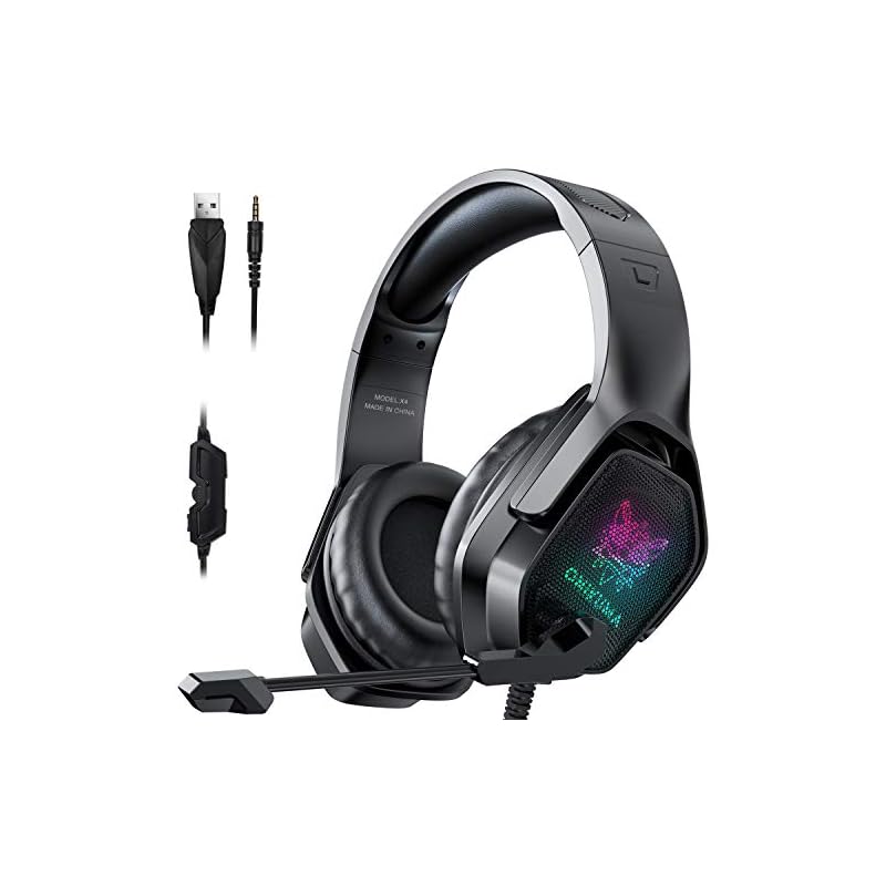 EUARNE Gaming Headset with Microphone, Noise Canceling Headphones with 3D Surround Sound Stereo, Soft Earmuff & RGB LED Light, Over-Ear Game Headphones for PC, PS4, Xbox One, PS5, Mac, Laptop-Black