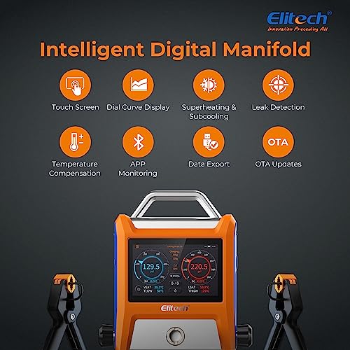 Elitech Digitales Manometer-Set, EMG-20V Intelligente Manometer-Messgeräte mit 2 Ventilen und 5-Zoll-Smart-Touchscreen, Bluetooth für HVAC und App-Steuerung.