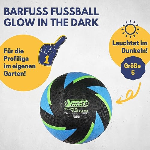 BEST SPORTING Barfuß Fußball Glow in The Dark I Leichter Ball Größe 5 I schwarz-Blauer Sportball I leuchtender Kickball I Kinder Spielball aus PVC I Strandball für Drinnen & Draußen