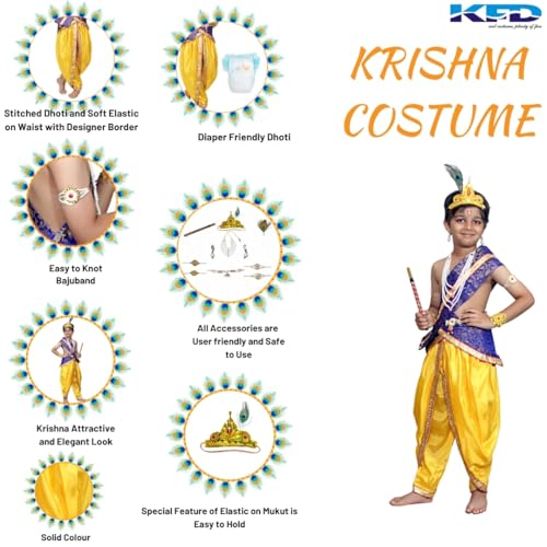Image of Kaku Fancy Dresses Krishna Costume With Dhoti For Boy /Janmashtami /Bal Gopal Dress /Kanha Costume /Bal Krishna /Mythological Costume For Boy - Yellow-Red, 1-2 Years