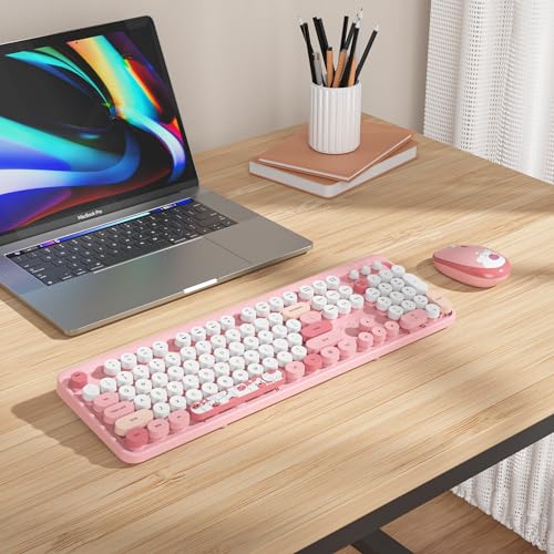 Image of Guffercty kred Gtsp Pink Typewriter Keyboard Wireless Mouse Combo, Cute Keyboard 2.4G Office Full-Sized Retro Keyboard With Round Keycaps For Laptop PC Desktops(Pink)