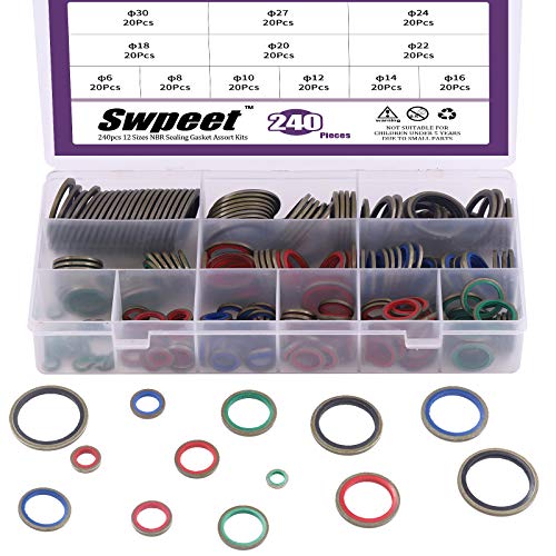 Swpeet 240Pcs 12 Sizes O Rings NBR Sealing Washers Gasket Assortment Kits Oil Resist NBR Ring with Metal, Rubber Metal Combination Oil Sealing Ring Kits for Automotive, Bearings, Pumps