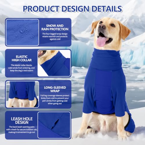 Image of BRKURLEG Full Body Dog Winter Coat Warm Fleece Pullover Pajamas, Four Legs Covered Windproof Dog Jacket for Small to Large Dogs, Turtleneck Dogs Snowsuit, Pet Cold Weather Clothes, Blue XXL