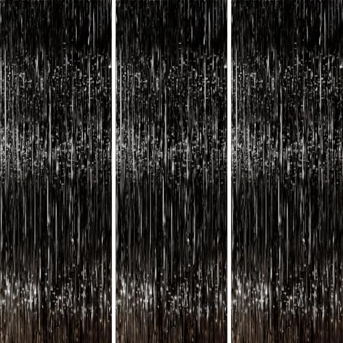 PartyWoo 4711100068673 XtraLarge 3 pcs, 3.3x8.2 ft Tinsel, Black Foil Fringe, Shiny String Curtain, Wedding Backdrop for Bachelorette, Birthday Party