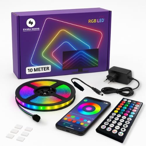 Evura Goods LED Streifen 10m RGB – Smarte Beleuchtung Mit Fernbedienung & App, Dimmbar, Musik-Modus