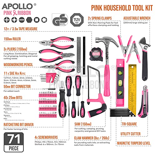 Werkzeugkoffer Apollo – 71-teiliges Haushalts Werkzeugset in Pink