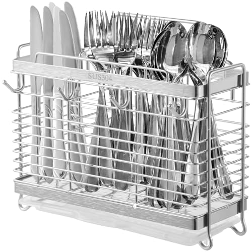 LUMINFLY Stainless Steel Utensil Holder with 3 Compartments and Drain Tray, Kitchen Cutlery Organizer with 4 Hooks for Hanging