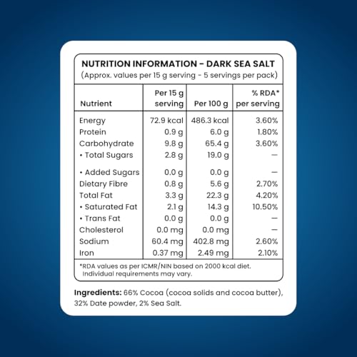 Image of NoirDate Sea Salt Dark Chocolate - 75g, Bean to Bar, Sweetened with Dates, No Refined Sugar, Clean Label, Vegan, Gluten-Free, Antioxidant Rich, Healthy Indulgence (Pack of 1)
