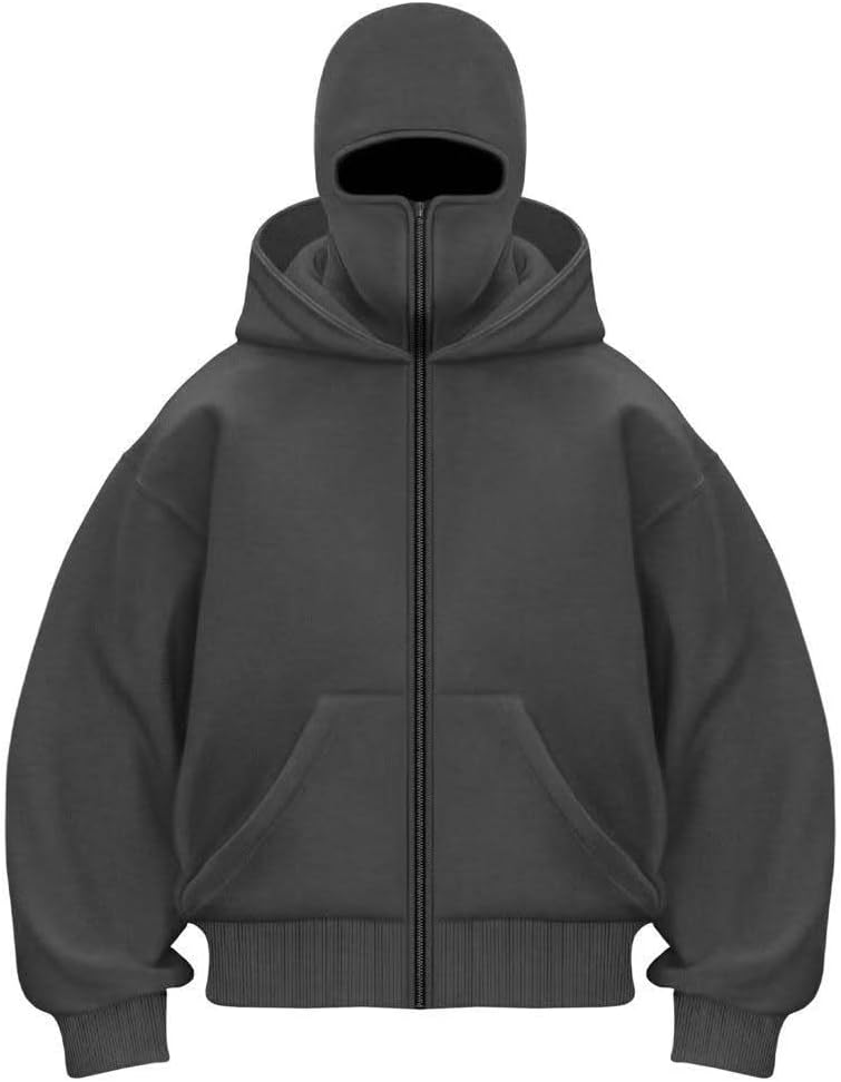 Men's Balaclava Hoodie Winter Double Layer Hooded Sweatshirt with zipper, Fleece-Lined Hip-Hop Hoodie