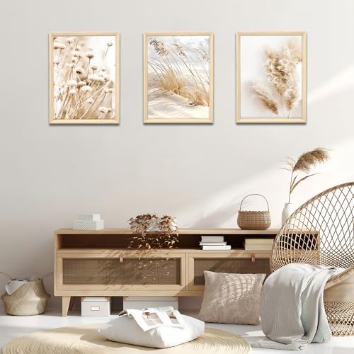 3 Pcs Framed Canvas Wall Art Beige Dandelion Pampas Grass Sage Canvas Prints Coastal Beach Landscape Pictures for Living Room Bedroom Kitchen Hallway Wall Decor 90x40cm(12"x16"x3pcs) (No Plexiglass) - Image 2